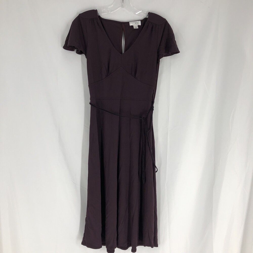 Ann Taylor Plum Color Belted Midi Dress V Neck Size 0